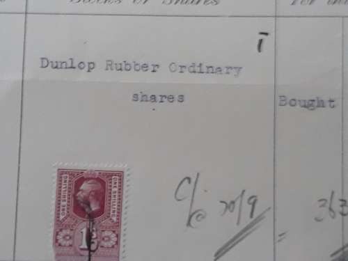 Vintage - Stock Exchange London Share Certificate/Brokers Receipt - Dunlop Rubber - 3rd April 1933