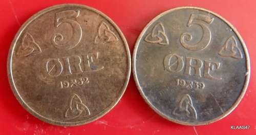 NORWAY - Haakon VII - 5 Krone x 2 - 1932 and 1939 Bronze
