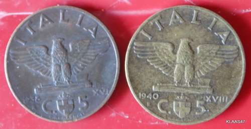 ITALY - 5 Centesimi - Vittorio Emanuele III - 1938 R (copper)  and 1940 R (Bronzital)