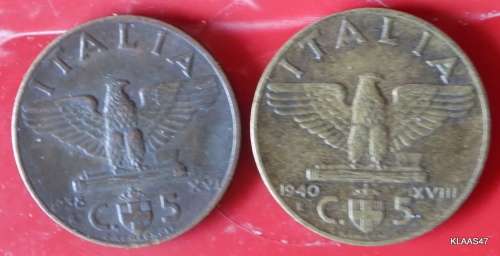 ITALY - 5 Centesimi - Vittorio Emanuele III - 1938 R (copper)  and 1940 R (Bronzital)
