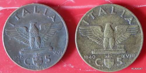 ITALY - 5 Centesimi - Vittorio Emanuele III - 1938 R (copper)  and 1940 R (Bronzital)