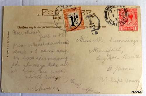 F.Frith and Co Ltd - Vintage Postcard - postally used - Dated 7 AU 1923 - Greetings from Minehead