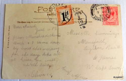 F.Frith and Co Ltd - Vintage Postcard - postally used - Dated 7 AU 1923 - Greetings from Minehead
