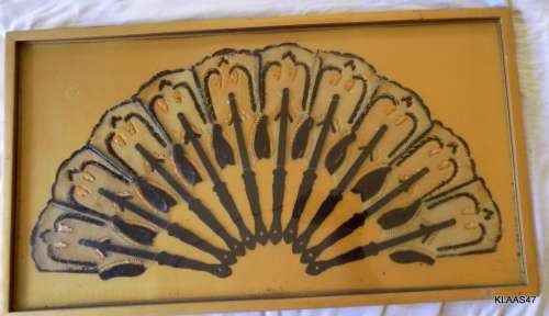 Framed Gold and Black Buffalo Hide Fan from Bangkok Nov 1988