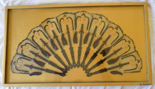 Framed Gold and Black Buffalo Hide Fan from Bangkok Nov 1988