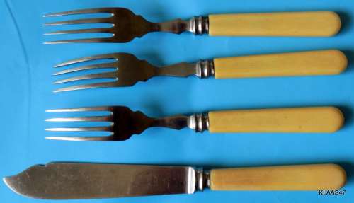 Vintage - 3  Fish Forks and 1  Fish Knife (?Bone handle)
