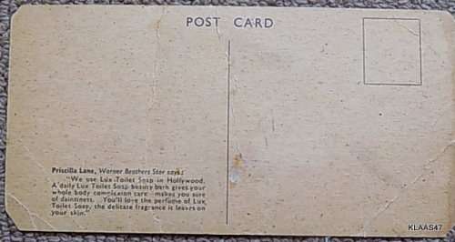 Warner Bros Star - Priscilla Lane - PostCard 008013E - Lux Soap Advert