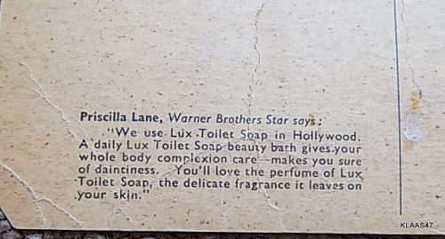 Warner Bros Star - Priscilla Lane - PostCard 008013E - Lux Soap Advert