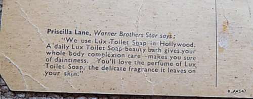 Warner Bros Star - Priscilla Lane - PostCard 008013E - Lux Soap Advert