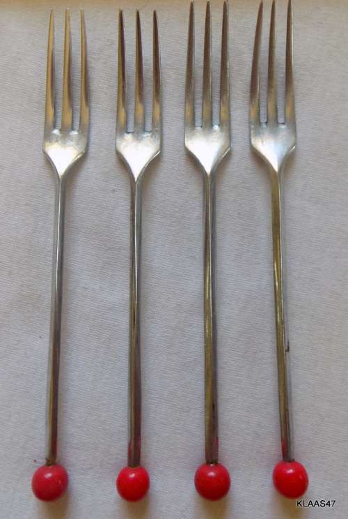 Vintage - 3 Prong Long Handle Forks (4) Red bead top
