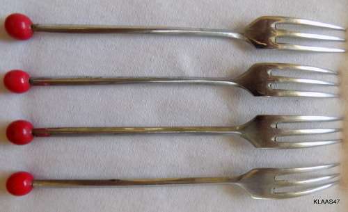 Vintage - 3 Prong Long Handle Forks (4) Red bead top