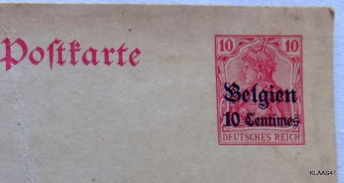 Pre-printed Unused Postkarte - 10 Mark (Deutsches Reich) stamp overprinted Belgien 10 Centimes