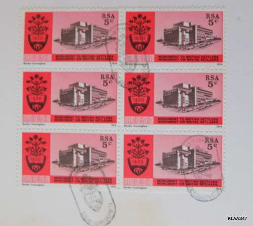 RSA - 1974 - INAUGURATION OF BRITISH SETTLERS MONUMENT - Block of 6 on Card (Cancelled)