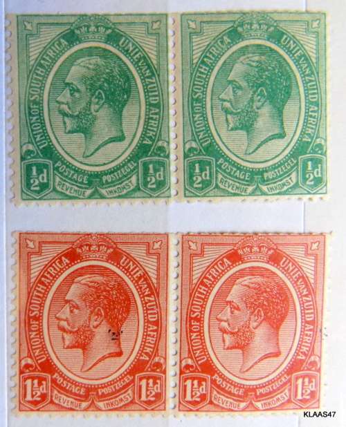 Union of South Africa - George V - Unused 1/2d and 1 1/2d  Pairs - Note narrow top margins