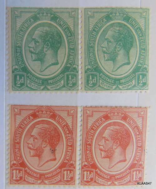 Union of South Africa - George V - Unused 1/2d and 1 1/2d  Pairs - Note narrow top margins
