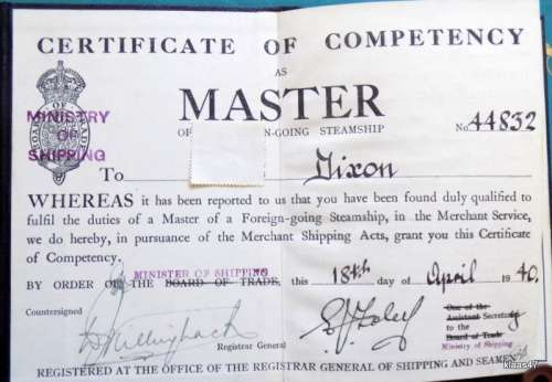 Certificate of Competency - Master (Steamship) - Dated 1940 - Issued at Newcastle-Upon-Tyne