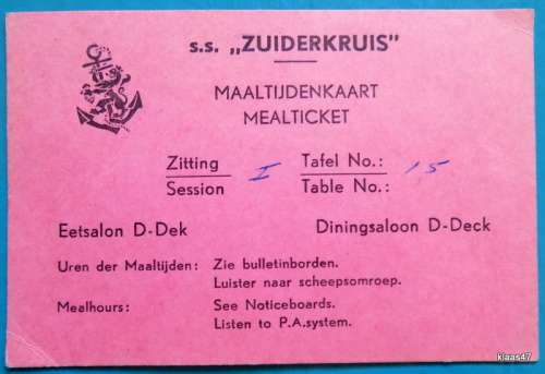 s.s. Zuiderkruis - Maaltijdenkaart (Mealticket)