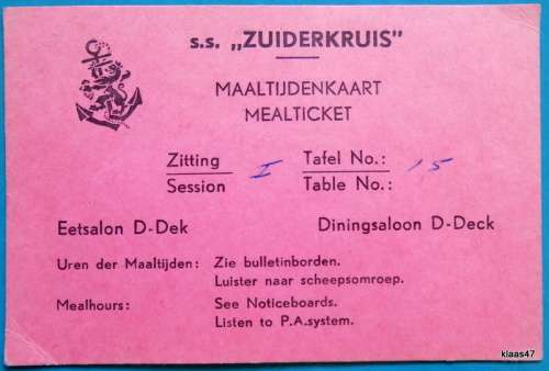 s.s. Zuiderkruis - Maaltijdenkaart (Mealticket)
