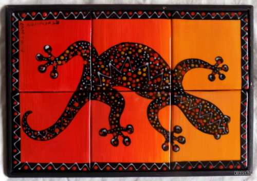Gecko painted on 6 Tiles - R J Kennedy - Cape Town - Framed