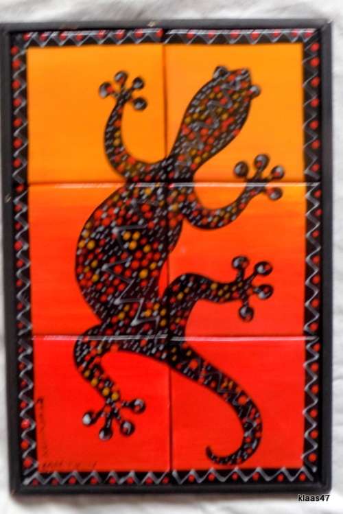 Gecko painted on 6 Tiles - R J Kennedy - Cape Town - Framed