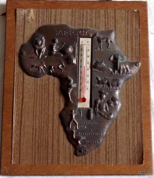 Copper Map of Africa, with Thermometer (not working) - Mounted on Wooden Board