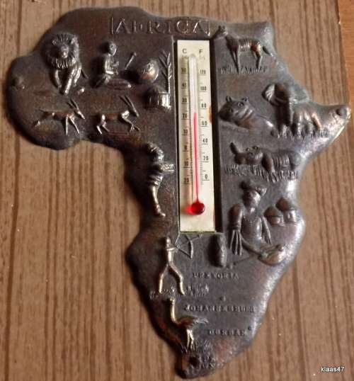 Copper Map of Africa, with Thermometer (not working) - Mounted on Wooden Board