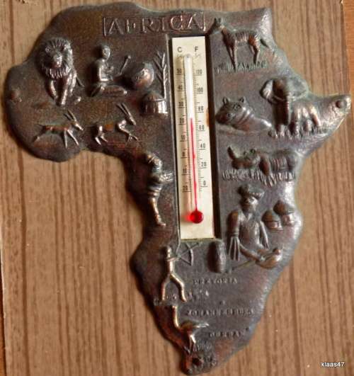 Copper Map of Africa, with Thermometer (not working) - Mounted on Wooden Board