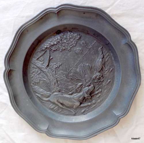 Vintage European Pewter Wall Plate with Retriever Dog and Pheasant