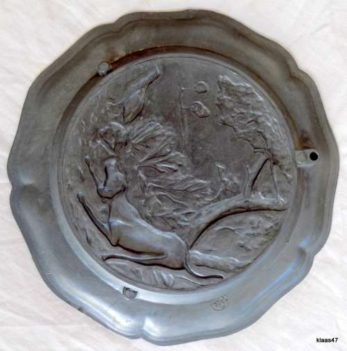 Vintage European Pewter Wall Plate with Retriever Dog and Pheasant