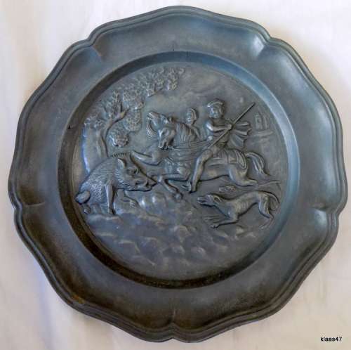 Vintage European Pewter Wall Plate with Hunting Scene: Wild Boar, Hunter on Horse and Dog