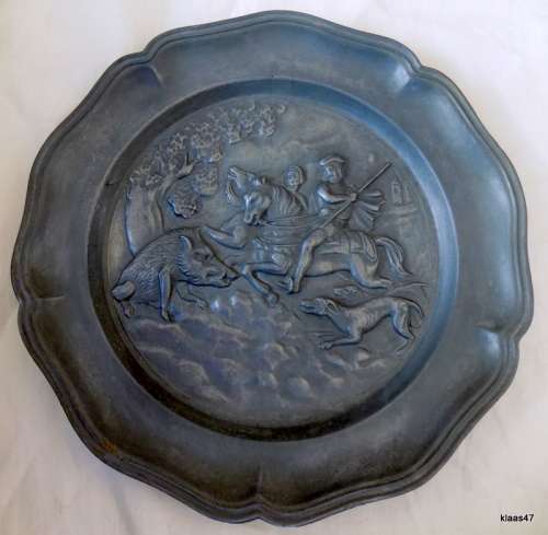 Vintage European Pewter Wall Plate with Hunting Scene: Wild Boar, Hunter on Horse and Dog