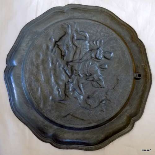 Vintage European Pewter Wall Plate with Hunting Scene: Wild Boar, Hunter on Horse and Dog