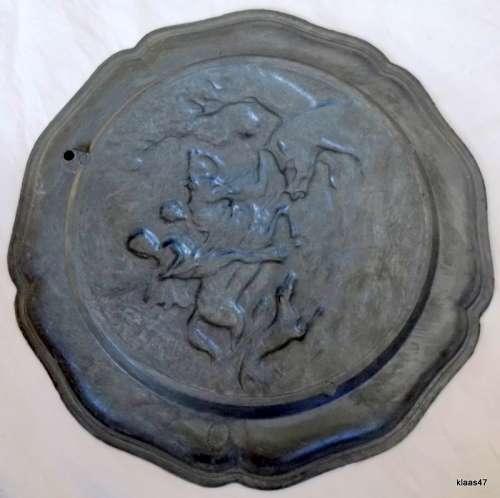 Vintage European Pewter Wall Plate with Hunting Scene
