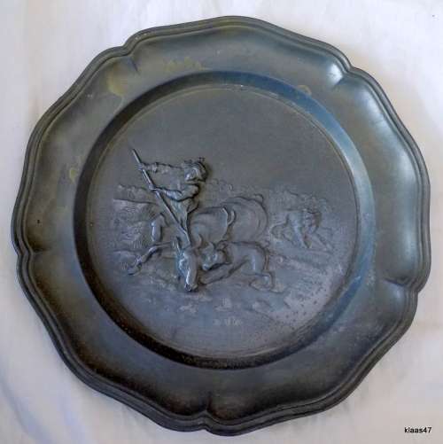 Vintage European Pewter Wall Plate with Hunting Scene
