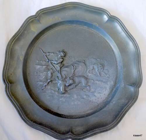 Vintage European Pewter Wall Plate with Hunting Scene