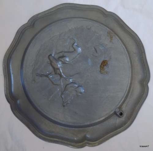 Vintage European Pewter Wall Plate with Hunting Scene