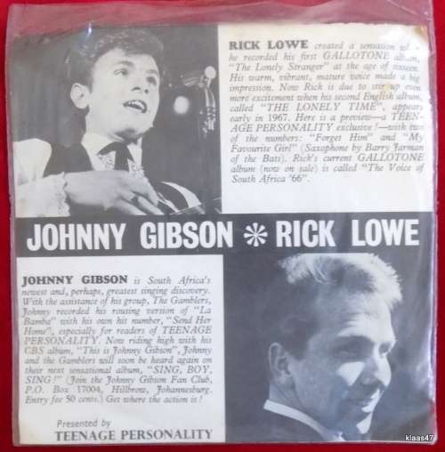 JOHNNY GIBSON - RICK LOWE - Presented By Teenage Personality - Vinyl, 7`, 45 RPM, EP - 1967