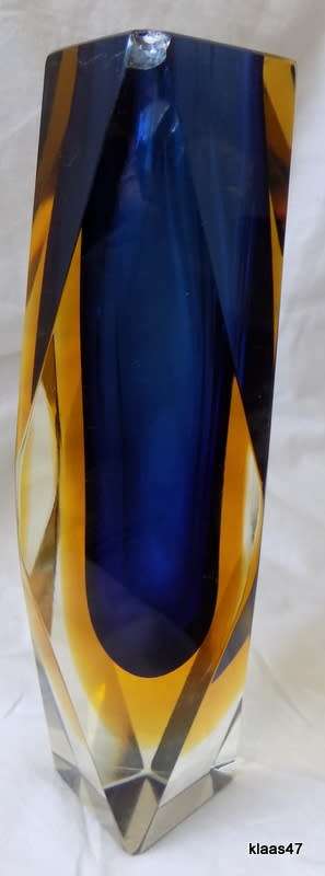 Heavy Blue and Amber Glass Vase - Geometric design  See chip.