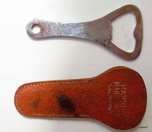 Harris Mans Shop Salisbury - Leather cover with Bottle Opener (Note damaged chrome)