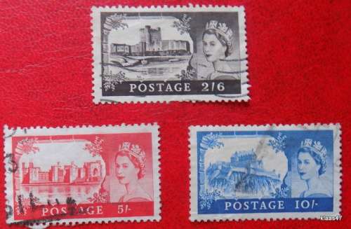 GB - Castle High Value series - Elizabeth II - 2/6, 5/-, 10/-  (3 used stamps)