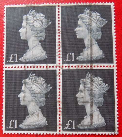 GB - Block of 4 - 1 Pound stamps - used - previously hinged