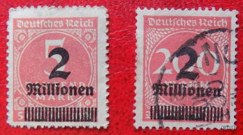 Deutsche Reich - Overprints - 2 Million on 5 Thousand Mark (Unused) and 2 Million on 200 Mark (Used)