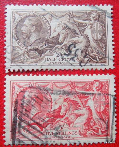 King George V - Seahorses -  Half Crown and Five Shilling - Hinged Used  Stamps (1934 crossed lines)