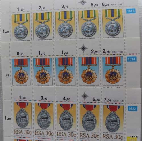 RSA - 1984 - Medals - 11c  25c and 30c - Full Sheet of 25 of each value (Total 75 stamps)
