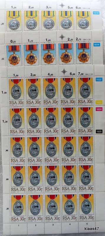 RSA - 1984 - Medals - 11c  25c and 30c - Full Sheet of 25 of each value (Total 75 stamps)