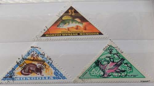 Mongolia - Mix Lot of 3 Triangle Stamps - Fish, Bird and Sable (Cancelled and hinged)