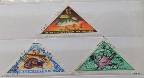 Mongolia - Mix Lot of 3 Triangle Stamps - Fish, Bird and Sable (Cancelled and hinged)