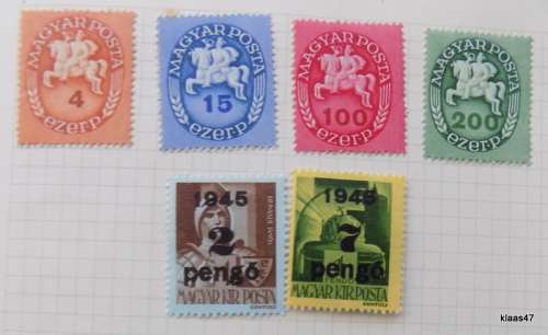 Hungary - Mixed lot of 6 unused hinged stamps (2 overprints 1945)