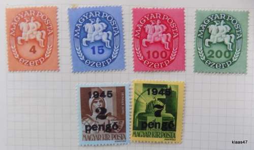 Hungary - Mixed lot of 6 unused hinged stamps (2 overprints 1945)
