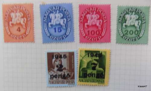 Hungary - Mixed lot of 6 unused hinged stamps (2 overprints 1945)